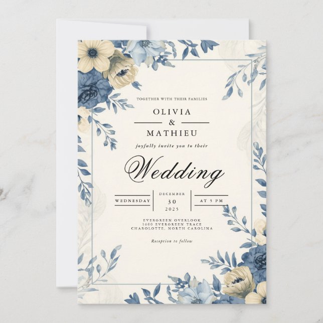 Dusty Blue Floral Botanical Wedding Invitation (Front)