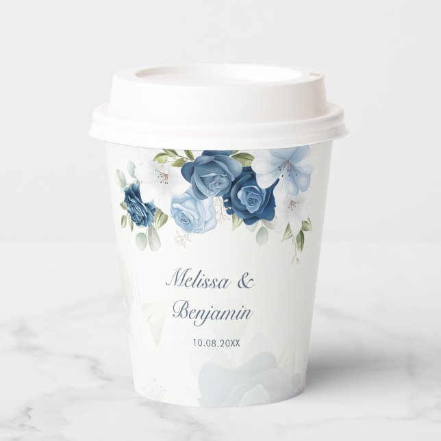 Dusty Blue Floral Botanical Wedding Paper Cups (Front)