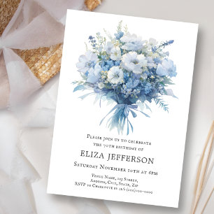 Dusty Blue Floral Bouquet Birthday Invitation