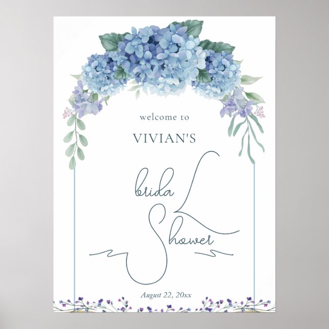 Dusty Blue Floral Bouquet Bridal Shower Welcome Poster (Front)