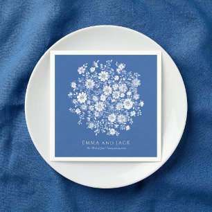 Dusty Blue Floral Bouquet Wedding names and date Napkin