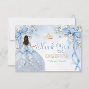 Dusty Blue Floral Bow Ribbon Quinceañera Crown Thank You Card