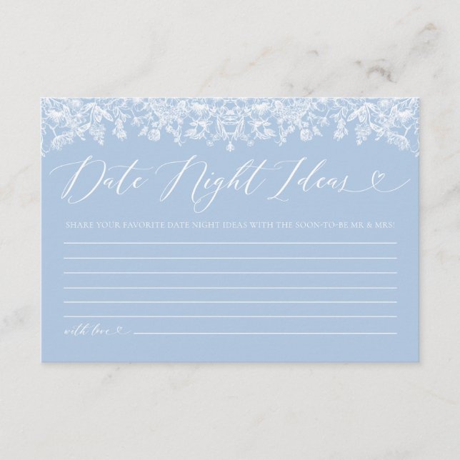 Dusty Blue Floral Bridal Shower Date Night Ideas Enclosure Card (Front)