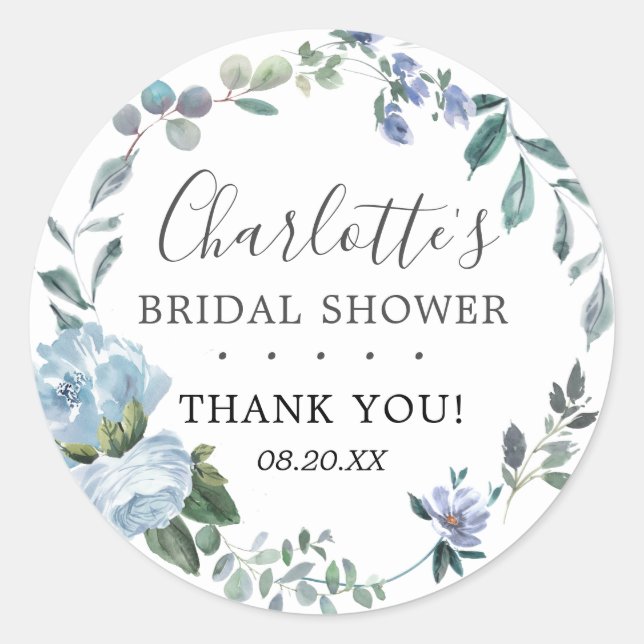 Dusty Blue Floral Bridal Shower Favour Classic Round Sticker (Front)