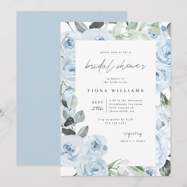 Dusty Blue Floral Bridal Shower  Invitation (Front/Back)