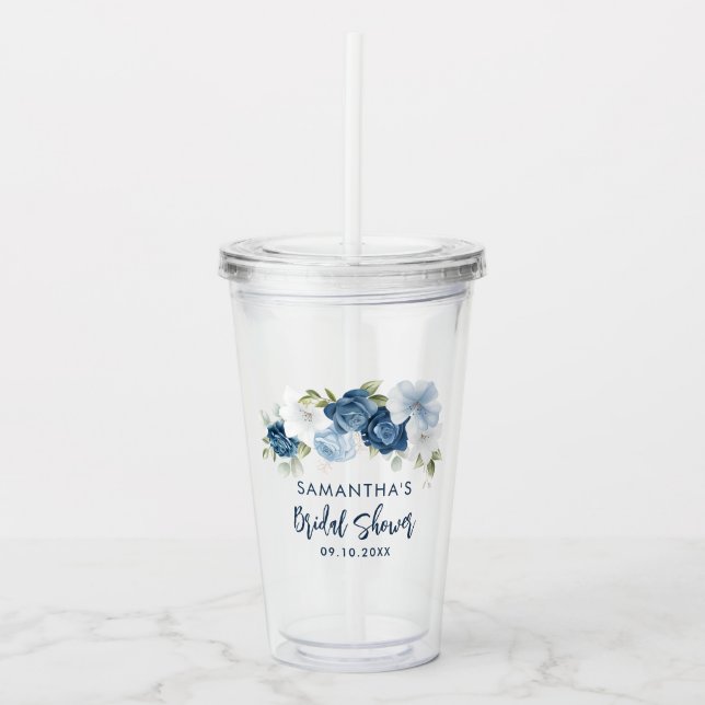 Dusty Blue Floral Bridal Shower Personalized Acrylic Tumbler (Front)