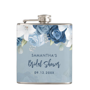 Dusty Blue Floral Bridal Shower Personalized Hip Flask