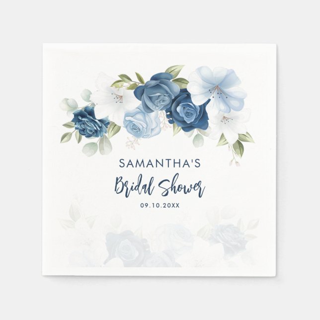 Dusty Blue Floral Bridal Shower Personalized Paper Napkin (Front)
