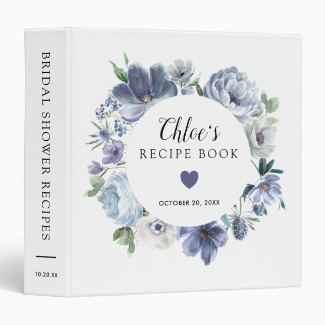 Dusty Blue Floral Bridal Shower Recipe Book Binder (Front/Spine)