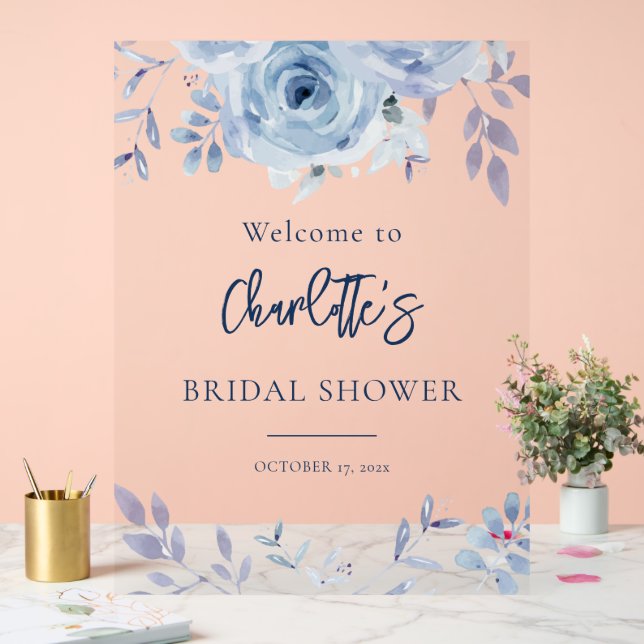 Dusty Blue Floral Bridal Shower Welcome Acrylic Sign (Wedding)