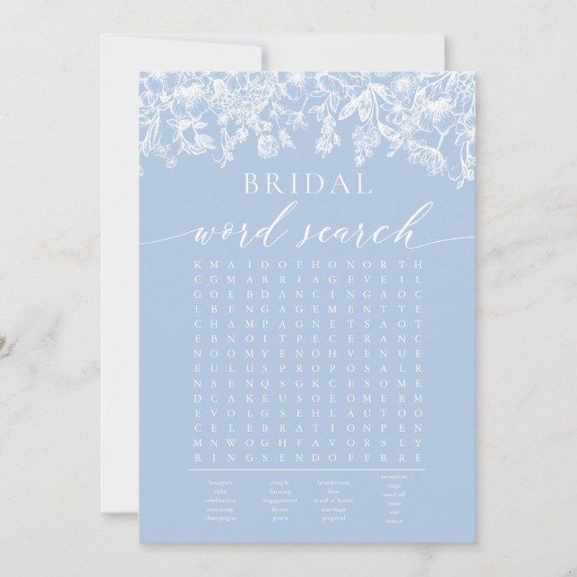 Dusty Blue Floral Bridal Shower Word Search Game Invitation (Front)
