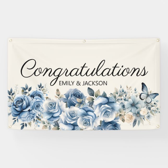 Dusty Blue Floral Butterflies Engagement Banner (Horizontal)