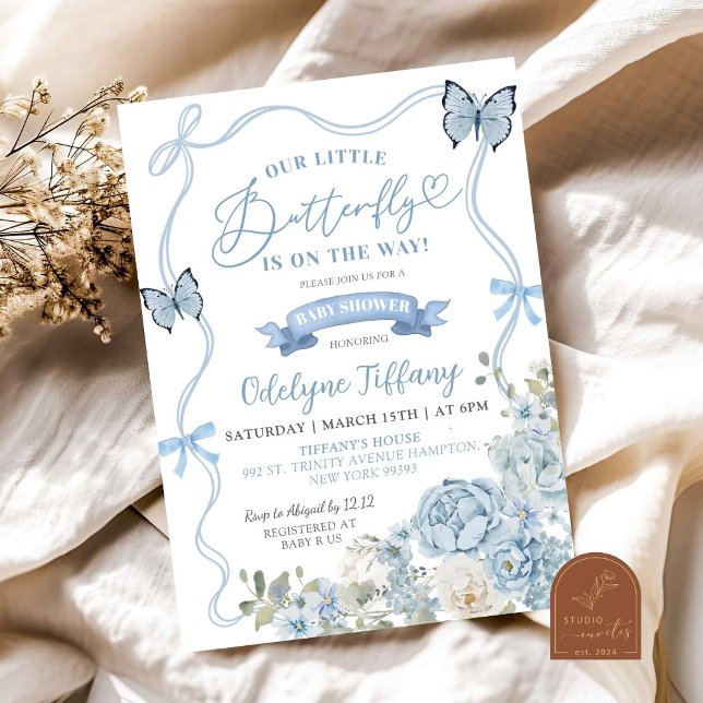 Dusty Blue Floral Butterfly Baby Shower Invitation (Creator Uploaded)