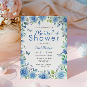 Dusty Blue Floral Butterfly Bridal Shower Invitation
