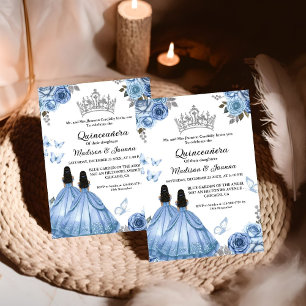 Dusty Blue Floral Butterfly Twin Girl Quinceanera Invitation