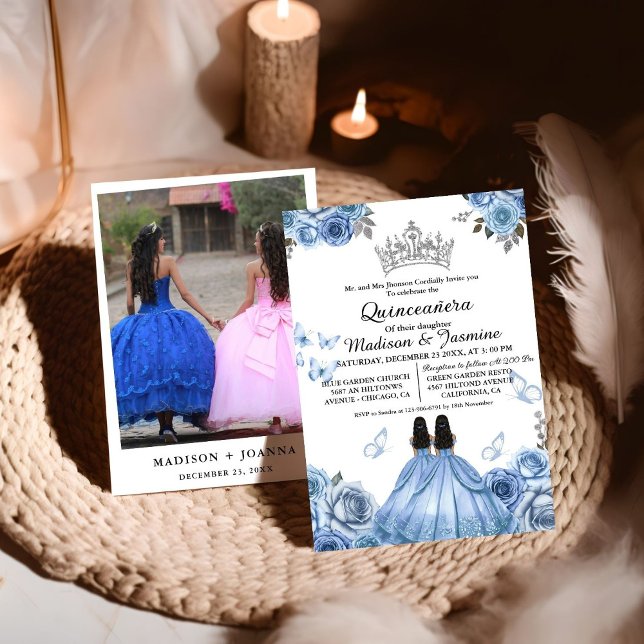 Dusty Blue Floral Butterfly Twin Quinceanera Invitation (Creator Uploaded)