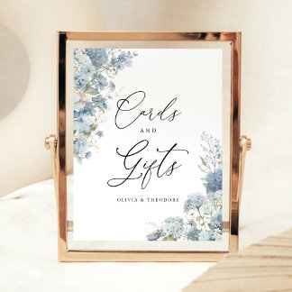 Dusty Blue Floral Cards and Gifts Wedding Table Pedestal Sign