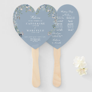 Dusty Blue Floral Cascade Wedding Program Hand Fan