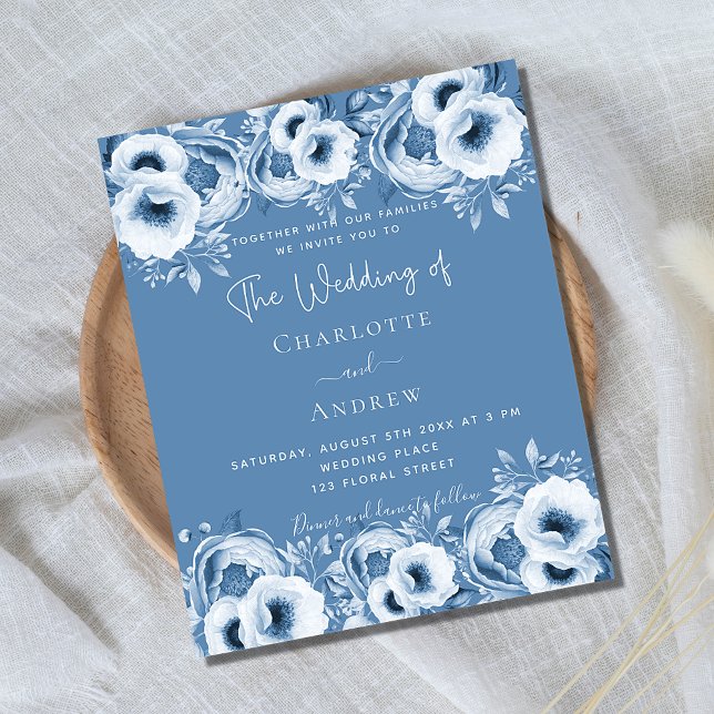 Dusty blue floral chic budget wedding invitation flyer (Creator Uploaded)