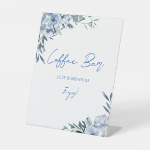 Dusty Blue Floral Coffee Bar Love is Brewing Pedestal Sign
