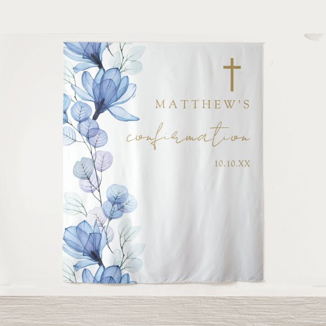 Dusty Blue Floral Confirmation Photo Backdrop Tapestry (Front)