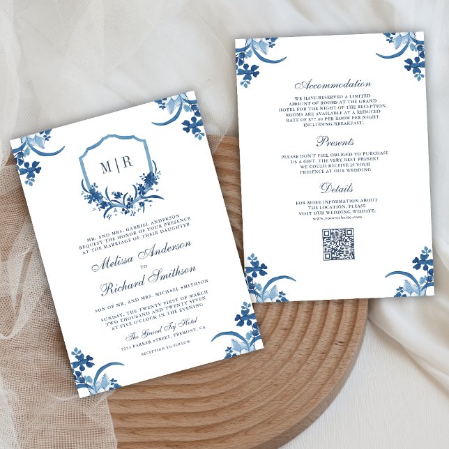Dusty Blue Floral Crest All in One QR Code Wedding Invitation (Creator Uploaded)
