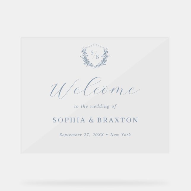 Dusty Blue Floral Crest Monogram Mariage Bienvenue (Recto)
