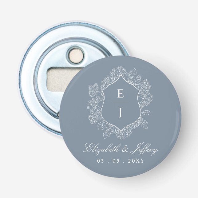 Dusty Blue Floral Crest Monogram Wedding Bottle Opener (Front)