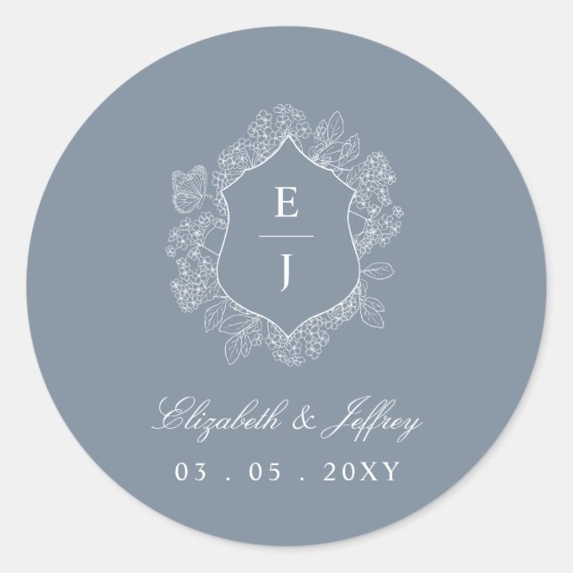 Dusty Blue Floral Crest Monogram Wedding Classic Round Sticker (Front)