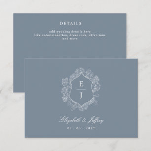 Dusty Blue Floral Crest Monogram Wedding Enclosure Card