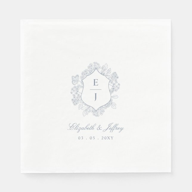 Dusty Blue Floral Crest Monogram Wedding Napkin (Front)