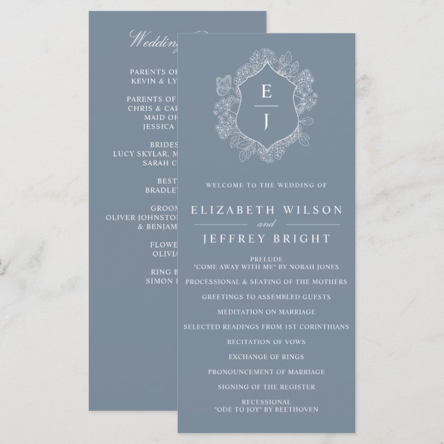 Dusty Blue Floral Crest Monogram Wedding Program (Front/Back)