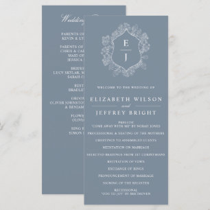 Dusty Blue Floral Crest Monogram Wedding Program