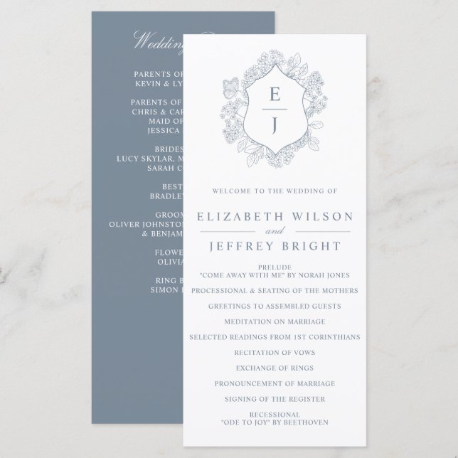Dusty Blue Floral Crest Monogram Wedding Program (Front/Back)