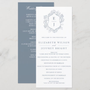 Dusty Blue Floral Crest Monogram Wedding Program