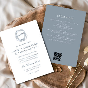 Dusty Blue Floral Crest Monogram Wedding QR Code Invitation