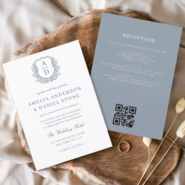 Dusty Blue Floral Crest Monogram Wedding QR Code Invitation (Creator Uploaded)
