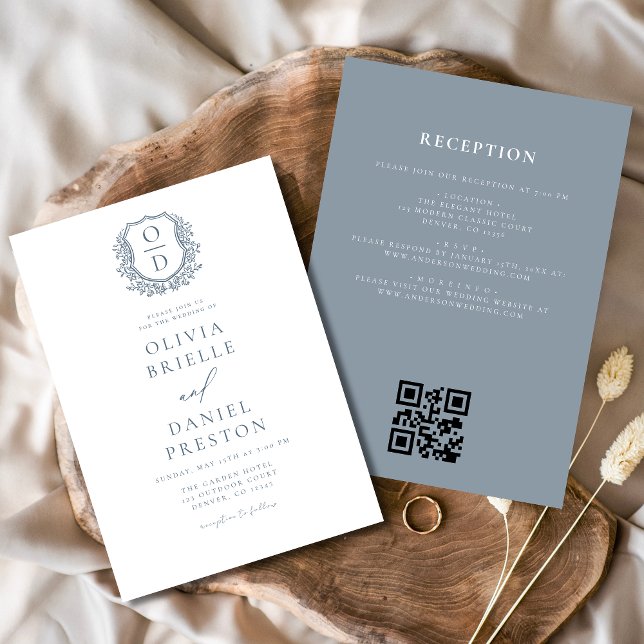 Dusty Blue Floral Crest Monogram Wedding QR Code Invitation (Creator Uploaded)