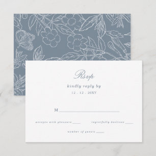 Dusty Blue Floral Crest Monogram Wedding RSVP Card