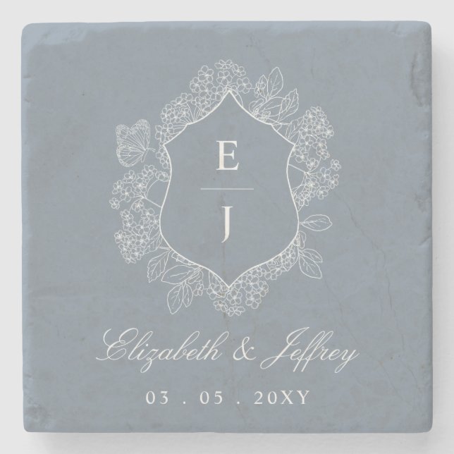 Dusty Blue Floral Crest Monogram Wedding Stone Coaster (Front)