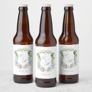 Dusty Blue Floral Crest Wedding Beer Bottle Label