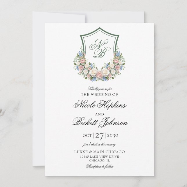 Dusty Blue Floral Crest Wedding Invitation (Front)