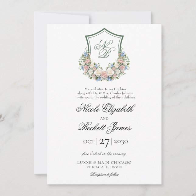 Dusty Blue Floral Crest Wedding Invitation (Front)