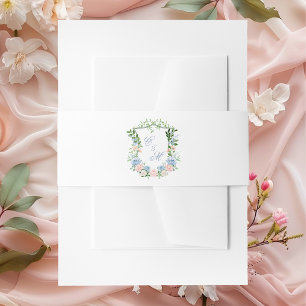 Dusty Blue Floral Crest Wedding Invitation Belly Band