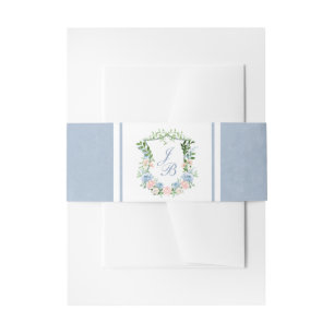 Dusty Blue Floral Crest Wedding Invitation Belly Band