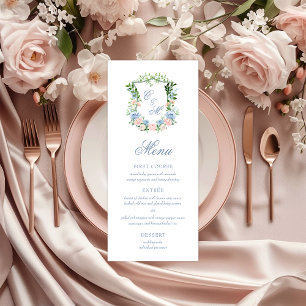 Dusty Blue Floral Crest Wedding Menu
