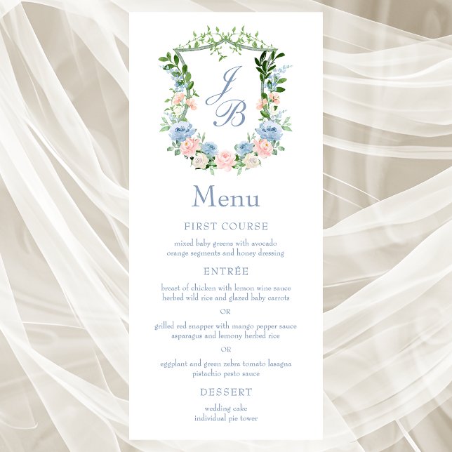 Dusty Blue Floral Crest Wedding Menu (Creator Uploaded)