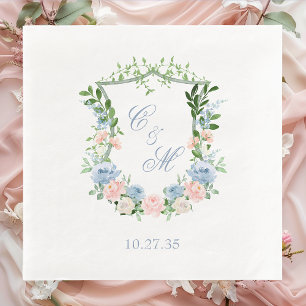 Dusty Blue Floral Crest Wedding Napkin