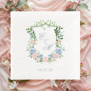 Dusty Blue Floral Crest Wedding Napkin