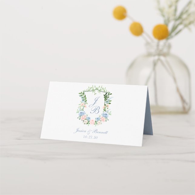 Dusty Blue Floral Crest Wedding Place Card (Back)
